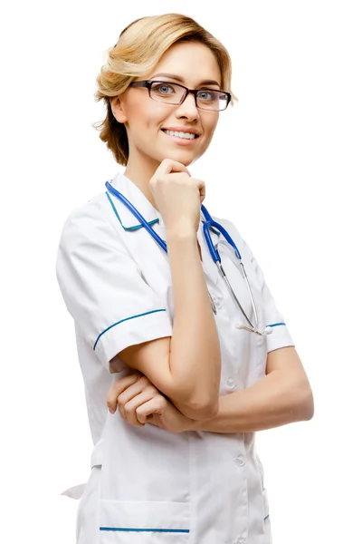 Mujer médico de pie sobre fondo blanco —  Fotos de Stock