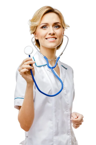 Nő orvos állandó fehér háttér — Stock Fotó