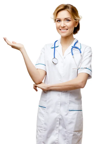 Woman doctor standing on white background — Stock Photo, Image