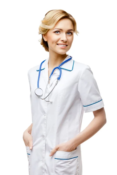 Woman doctor standing on white background — Stock Photo, Image