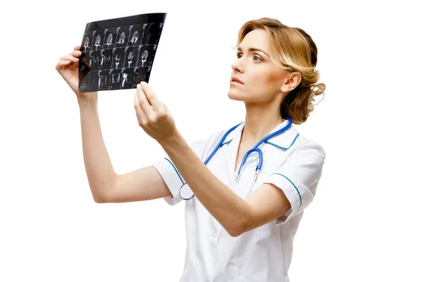 Woman doctor standing on white background — Stock Photo, Image