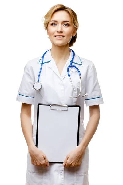 Woman doctor standing on white background — Stock Photo, Image