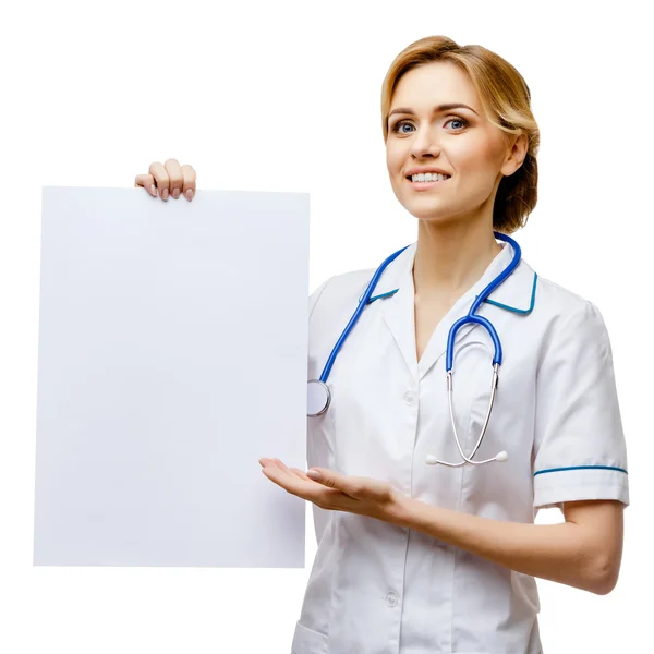 Woman doctor standing on white background — Stock Photo, Image