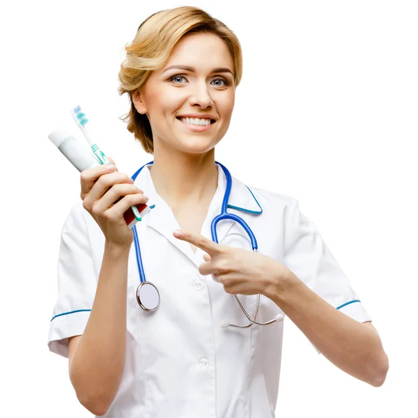 Woman doctor standing on white background — Stock Photo, Image