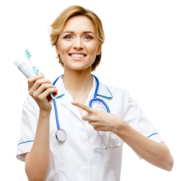 Woman doctor standing on white background — Stock Photo, Image