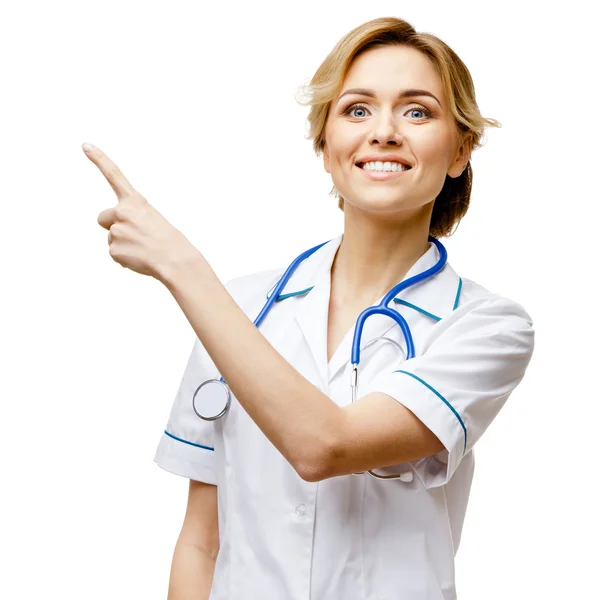 Woman doctor standing on white background — Stock Photo, Image