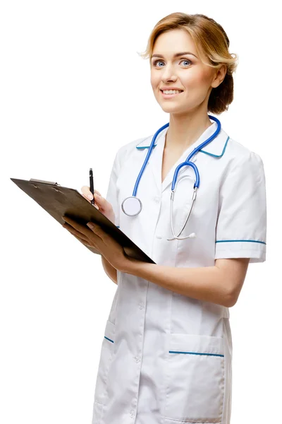 Donna medico in piedi su sfondo bianco — Foto Stock