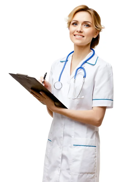 Doktor žena stojící na bílém pozadí — Stock fotografie