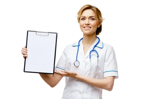 Woman doctor standing on white background — Stock Photo, Image