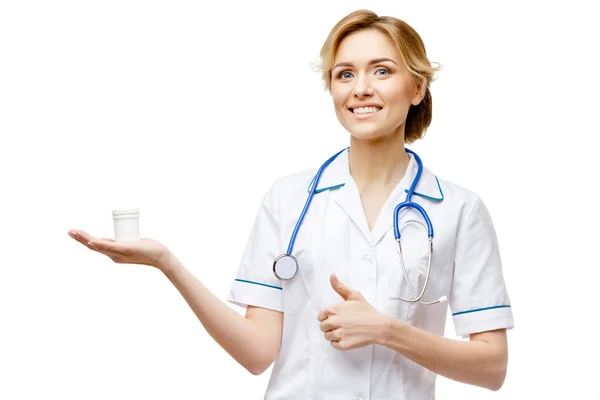 Woman doctor standing on white background — Stock Photo, Image