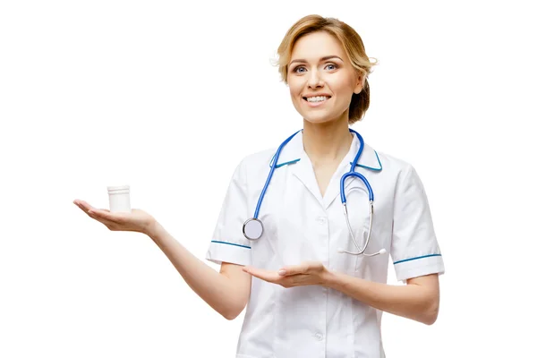 Woman doctor standing on white background — Stock Photo, Image