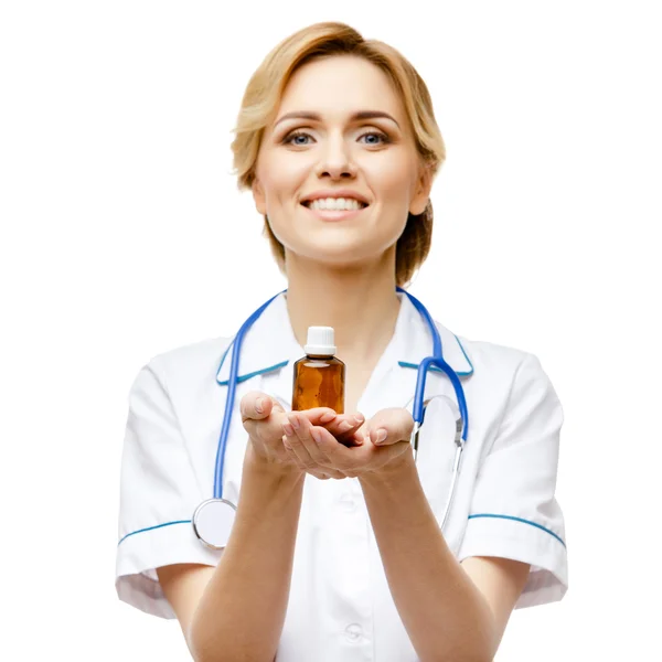 Woman doctor standing on white background — Stock Photo, Image