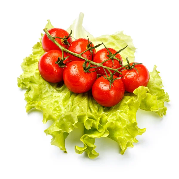 Tomates ciruela con hojas sobre fondo blanco —  Fotos de Stock