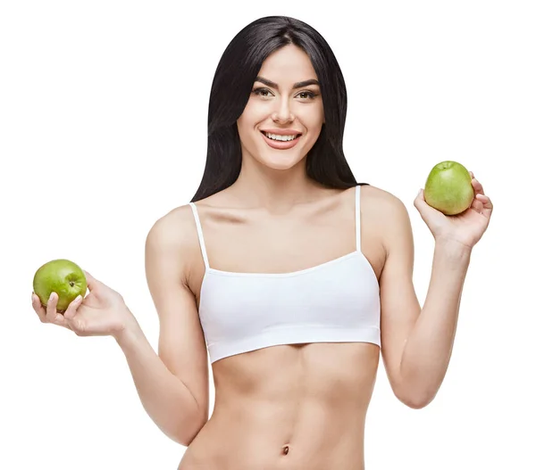 Retrato de atractivesmiling mujer sosteniendo manzana aislada en blanco —  Fotos de Stock