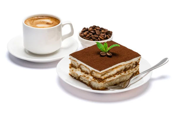 Traditional Italian Tiramisu dessert square portion on ceramic plate and cup of fresh espresso coffee isolated on white background with clipping path — Stock Photo, Image