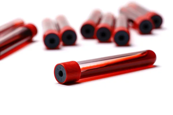 Blood test tube with red plug isolated on white background — Stock Photo, Image