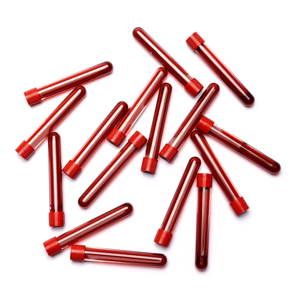 Blutteströhrchen mit rotem Stecker isoliert auf weißem Hintergrund — Stockfoto