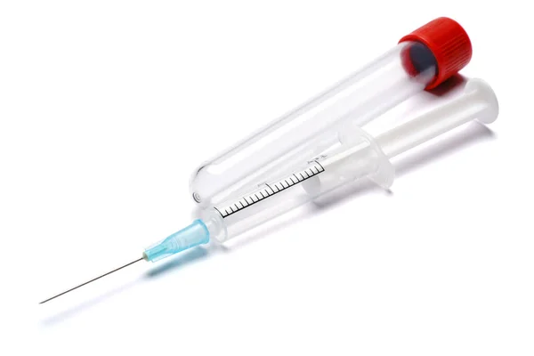 Medical syringe and plastic test tube isolated on white background — Stock Photo, Image