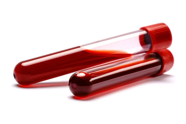 Tubo di prova con spina rossa isolata su sfondo bianco — Foto Stock