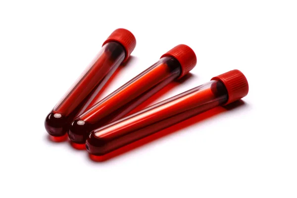 Test tube with red plug isolated on white background — Stock Photo, Image