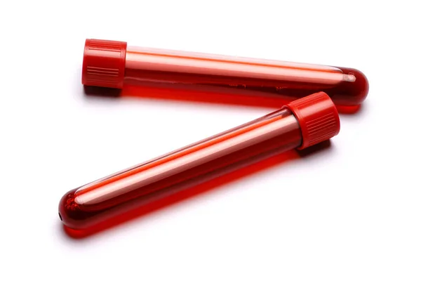 Test tube with red plug isolated on white background — Stock Photo, Image