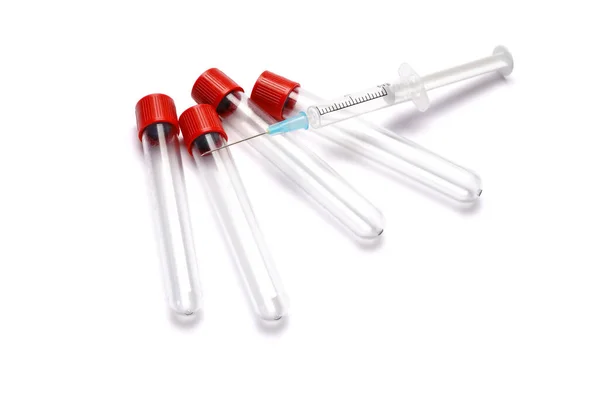 Medical syringe and plastic test tube isolated on white background — Stock Photo, Image