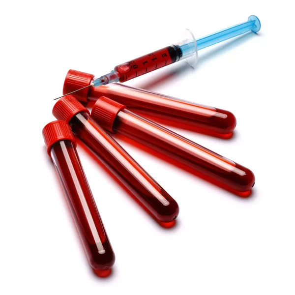 Medical syringe and plastic test tube isolated on white background — Stock Photo, Image