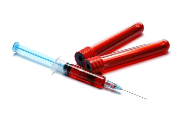 Medical syringe and plastic test tube isolated on white background — Stock Photo, Image