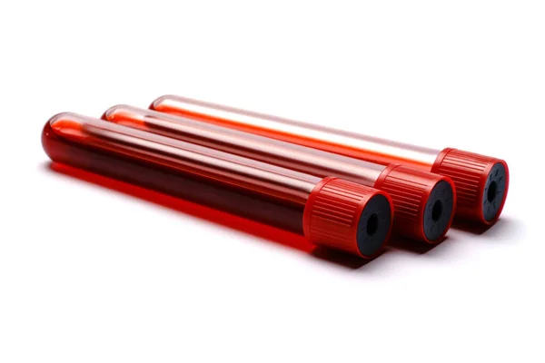 Test tubes with red plug isolated on white background — Stock Photo, Image