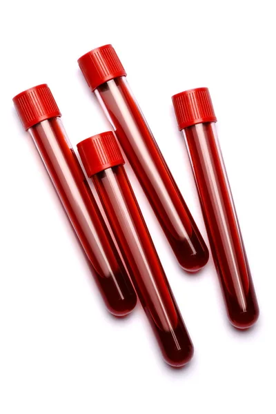 Test tubes with red plug isolated on white background — Stock Photo, Image