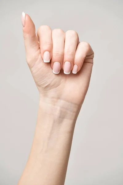 Красивые женские руки с французским маникюром на светло-сером фоне — стоковое фото