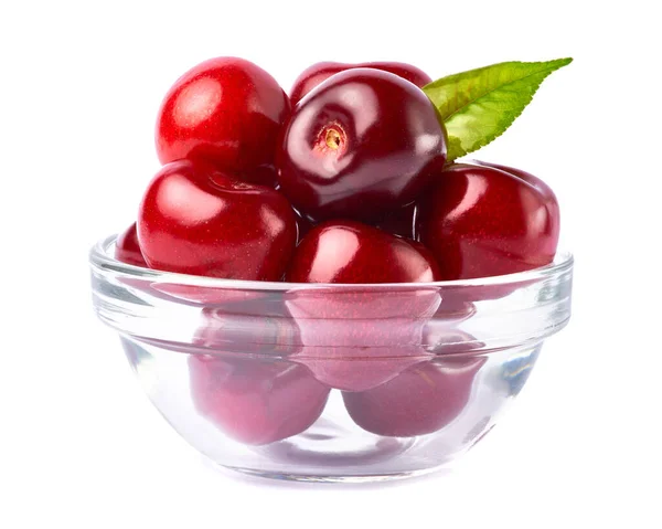 Glass bowl of sweet cherry fruits isolated on white background — Stock Photo, Image