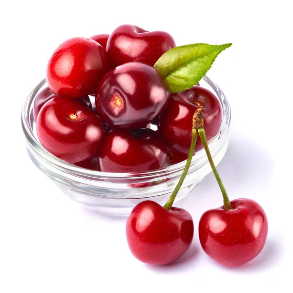 Glass bowl of sweet cherry fruits isolated on white background — Stock Photo, Image