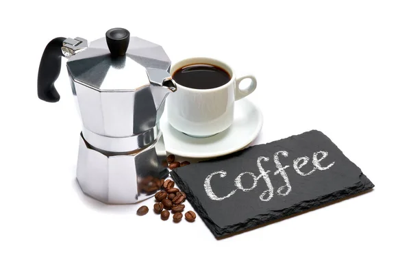 Kaffee handgeschriebene Inschrift Schild auf Kreidetafel und Tasse Espresso auf weißem Hintergrund — Stockfoto