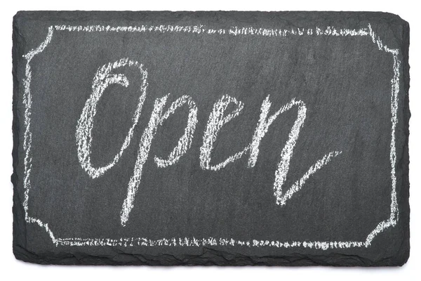 Open handwritten inscription sign on chalk board — Stock Photo, Image