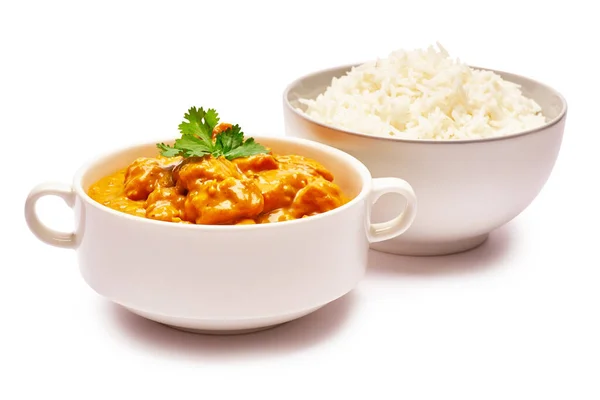 Traditional Chicken Curry and a bowl of boiled rice isolated on white background with clipping path embedded — Stock Photo, Image