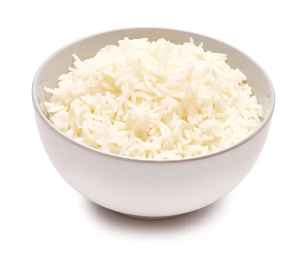 Варёный рис в керамической чаше, изолированной на белом фоне с вырезанной дорожкой — стоковое фото