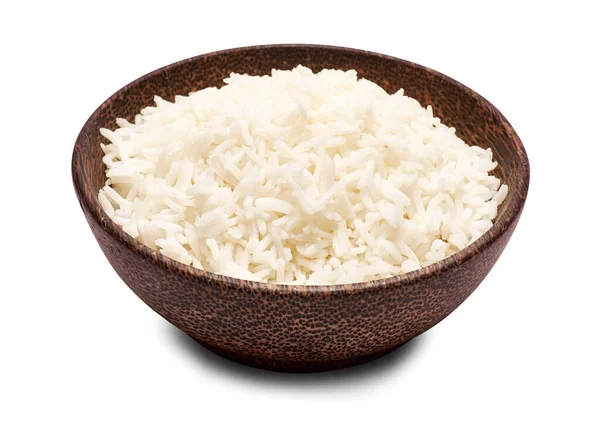 Kokt ris i en träskål isolerad på en vit bakgrund med klippbana inbäddad — Stockfoto