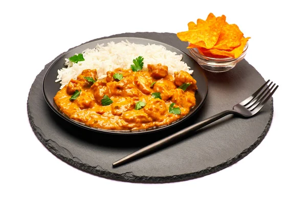 Plate of Traditional Chicken Curry no stone serving board isolated on white background — Stock Photo, Image