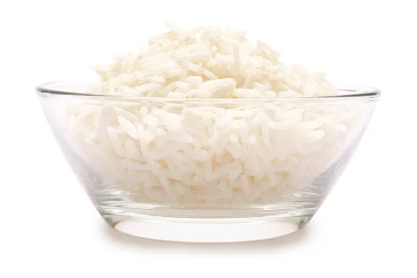 Gotowany ryż w szklanej misce odizolowany na białym tle z osadzoną ścieżką wycinania — Zdjęcie stockowe