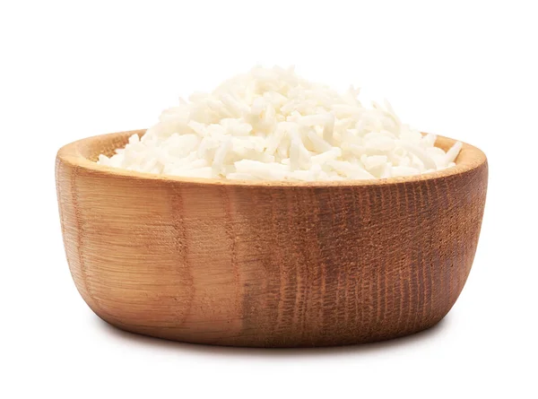 Gotowany ryż w drewnianej misce odizolowany na białym tle z osadzoną ścieżką wycinania — Zdjęcie stockowe