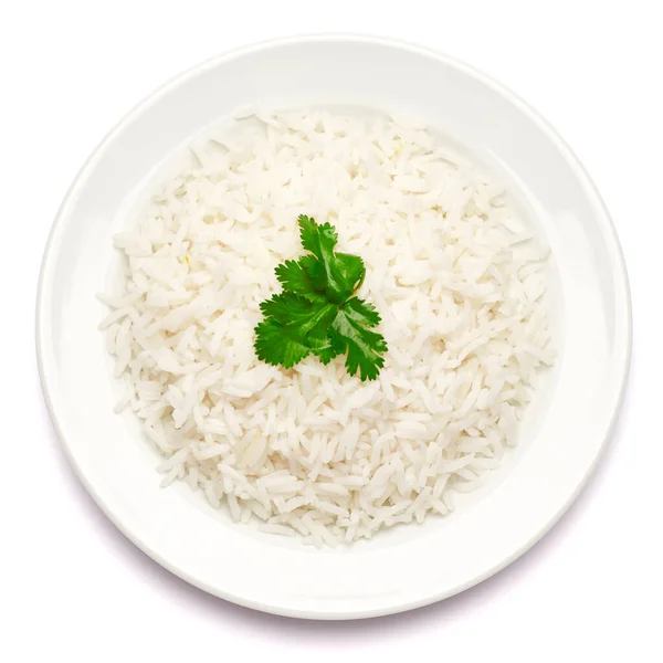 Plate of Boiled Rice isolated on a white background with clipping path embedded — Stock Photo, Image