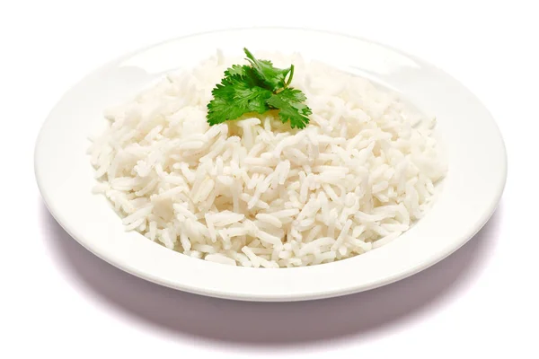 Plate of Boiled Rice isolated on a white background with clipping path embedded — Stock Photo, Image