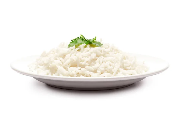 Deska vařené rýže izolované na bílém pozadí s oříznutou dráhou — Stock fotografie