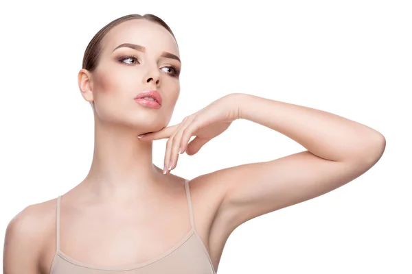 Beauty Portrait of Young Woman with Perfect Clean Fresh Skin close up isolado no fundo branco - Skin Care Concept.. — Fotografia de Stock