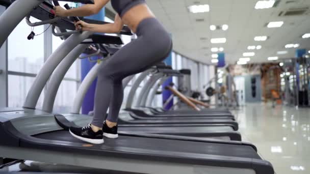 Giovane donna sportiva sulla macchina da corsa in palestra — Video Stock