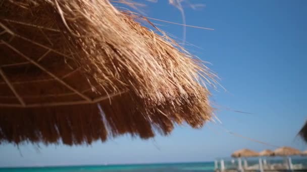 Солом'яна парасолька на красивому пляжі — стокове відео