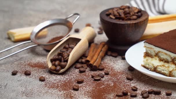 Porção de sobremesa tradicional italiana Tiramisu, grãos de café e biscoitos savoiardi — Vídeo de Stock