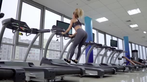 Νεαρή σπορ γυναίκα σε λειτουργία μηχάνημα στο γυμναστήριο — Αρχείο Βίντεο