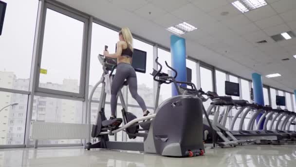 Jeune femme travaillant sur stepper à la salle de gym exercice — Video